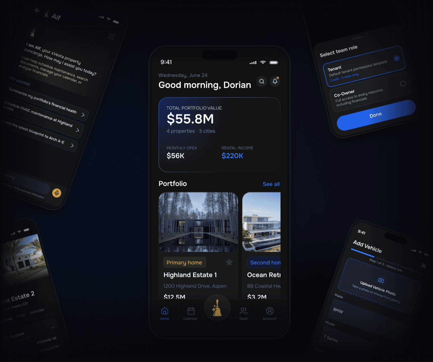 The xVesta app shown across several iPhone screens — portfolio dashboard, Alf AI assistant, property details, team roles and add vehicle flows.