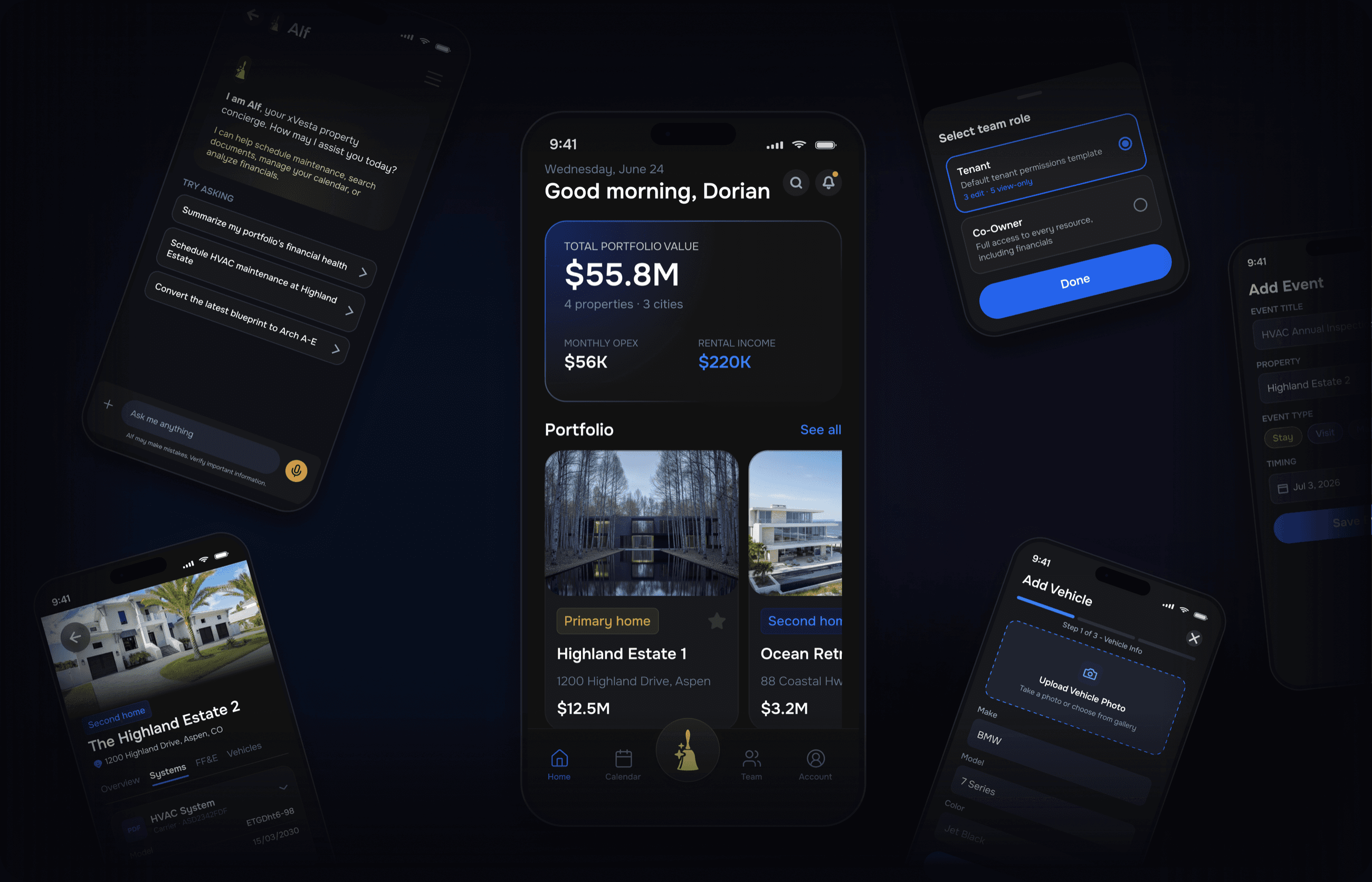 The xVesta app shown across six iPhone screens — portfolio dashboard, Alf AI assistant, property details, team roles, add vehicle and add event flows.